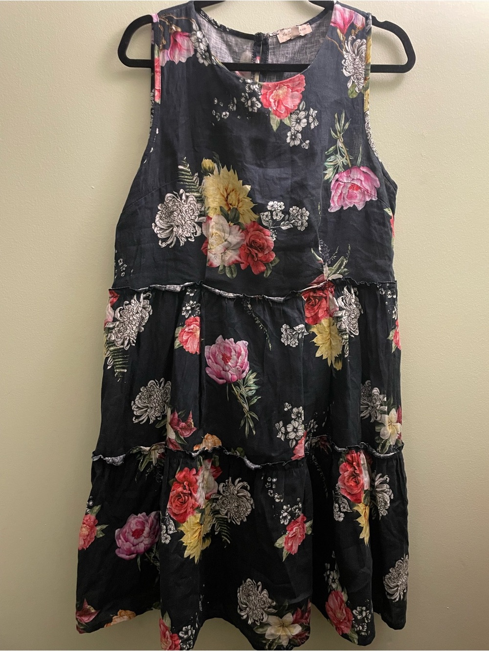 Womens Le Ragazze Italian 100% Linen Floral Tiered Sleeveless Dress Size Large